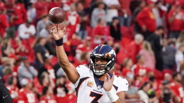 Oct 12, 2023; Kansas City, Missouri, USA; Denver Broncos quarterback Russell Wilson (3) warms up against the Kansas City Chiefs prior to a game at GEHA Field at Arrowhead Stadium. Mandatory Credit: Denny Medley-USA TODAY Sports